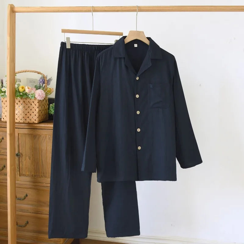 Men's Pajama Set Cotton Gauze Solid Color.