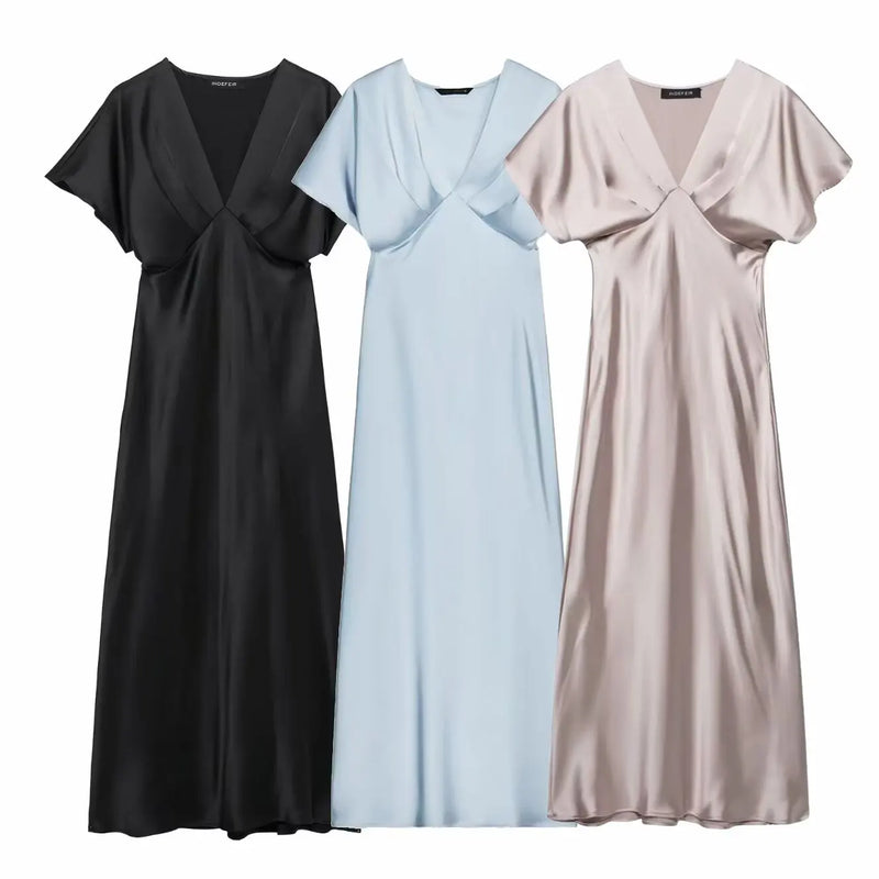 Women’s Sexy V Neck Satin Long Dress.