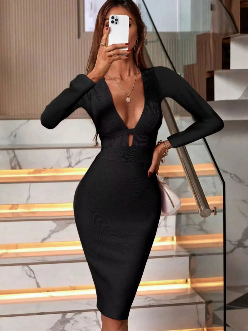 Women's Fashion Spring Summer Sexy Elegant Black Long Sleeve Midi Backless.