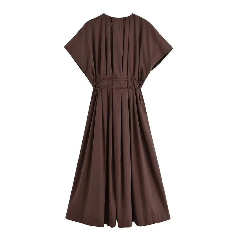 Women's New Fashion V-neck Pleated Down Shoulder Short Sleeve Midi Dress.