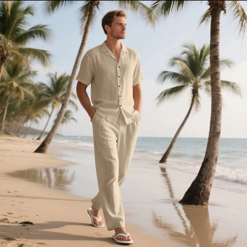 Summer Beach Men's linen short-sleeved shirt set is a two-piece long pants set.