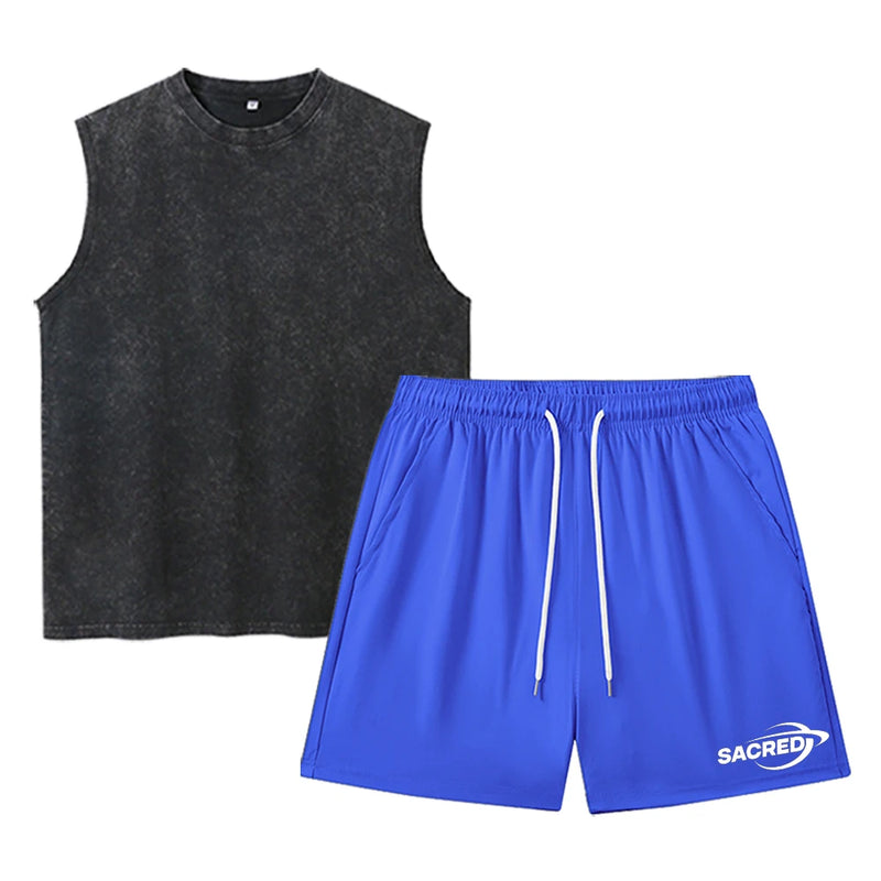 Men's Sportswear Set Washed Vest And Drawstring Shorts Two-Piece.