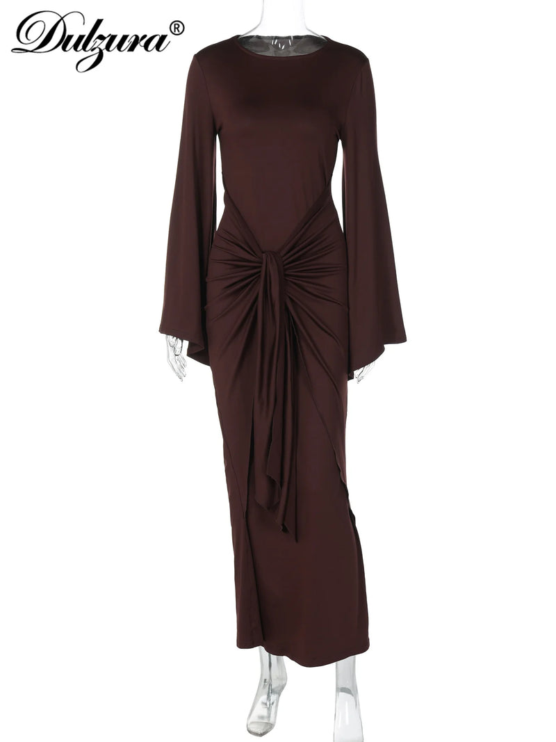 Dulzura Autumn Fashion Elegant O-Neck Long Flare Sleeve Ruched Slim Fit Ribbon.