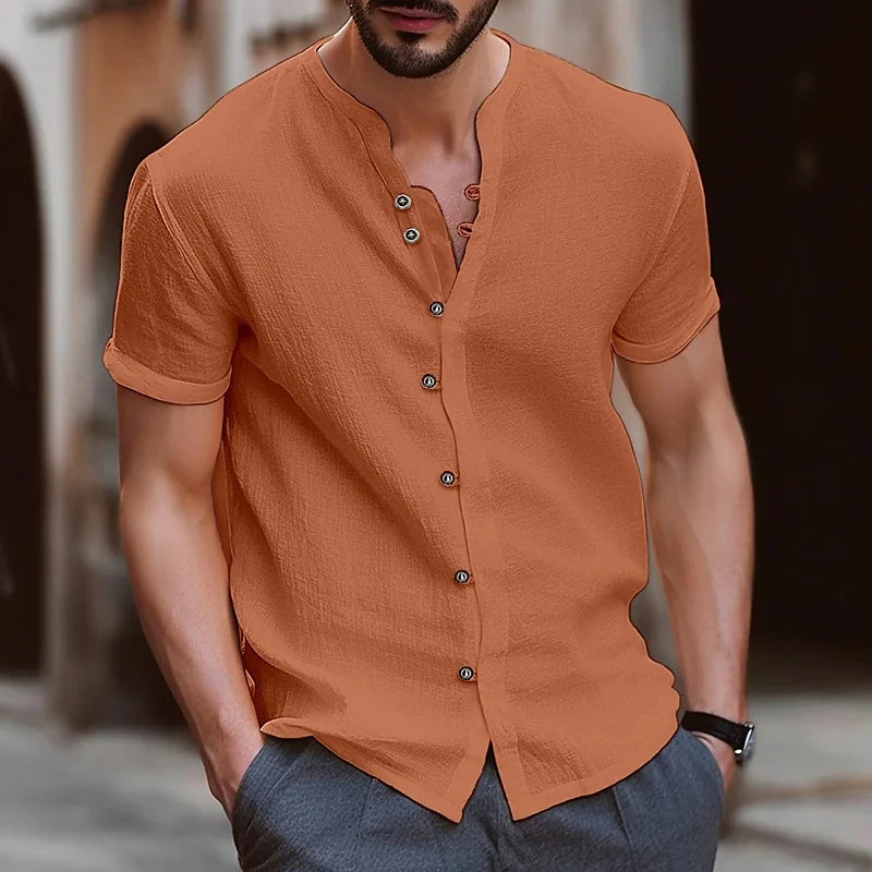 Men's Simple Texture Linen Round-neck Short-sleeve Button-down Solid-color.