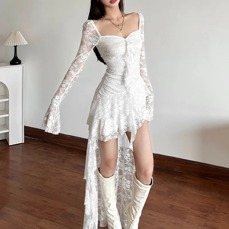 Women’s Goth Dark Fairycore Lace Flare Sleeve Square Neck A-line Dress.