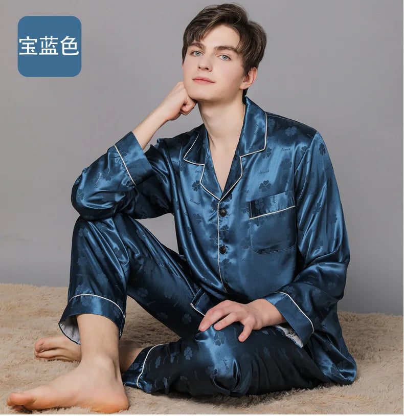 Men Ice Silk Pajamas Suit Summer Plus Size.