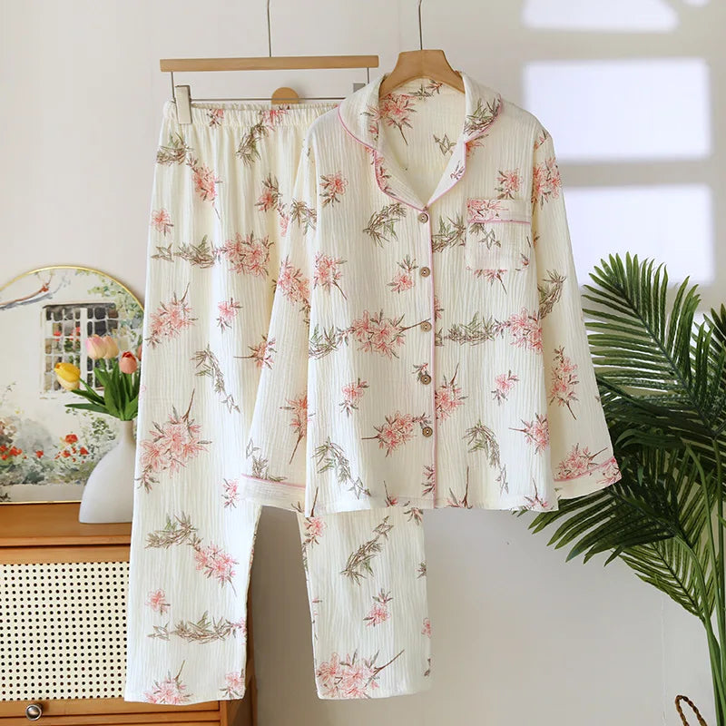 Women's Pajama SetCotton Crepe Cute Love Long Sleeve Long Pants.