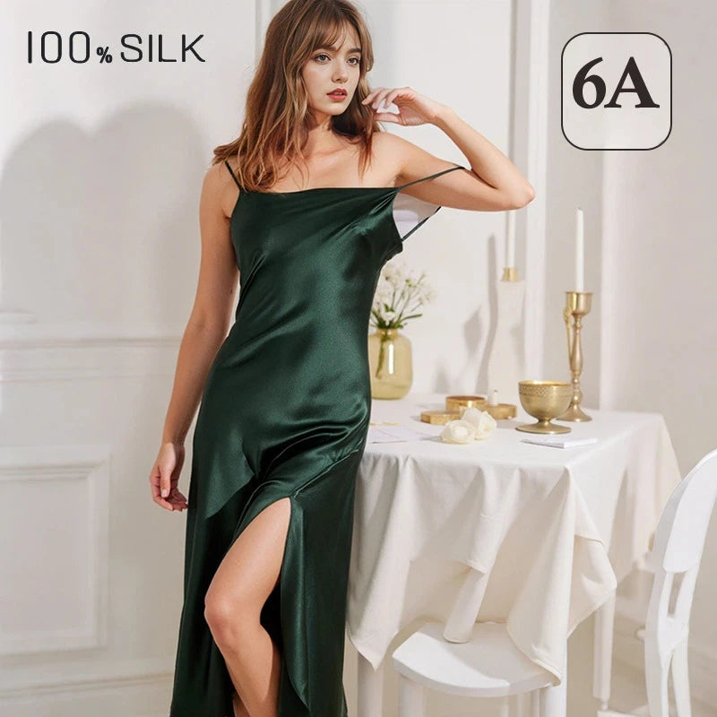 Sexy Women Momme Heavy Mulberry Silk Slip Dress Side Slit Camisole.