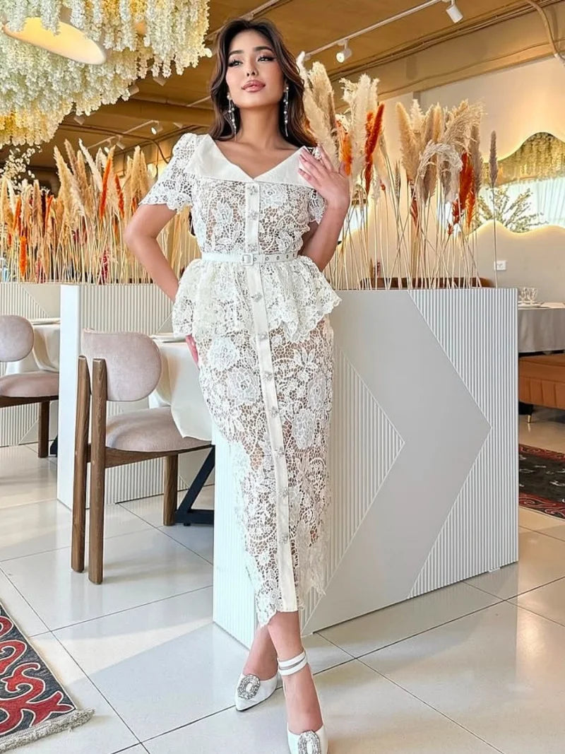 Women’s Elegant Hook Floral Hollow Lace Dress.