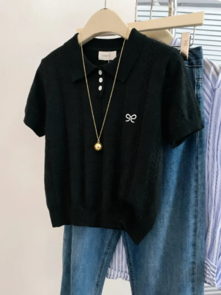 AOSSVIAO Cute Bow Embroidery Short Sleeve Tops Summer Women.