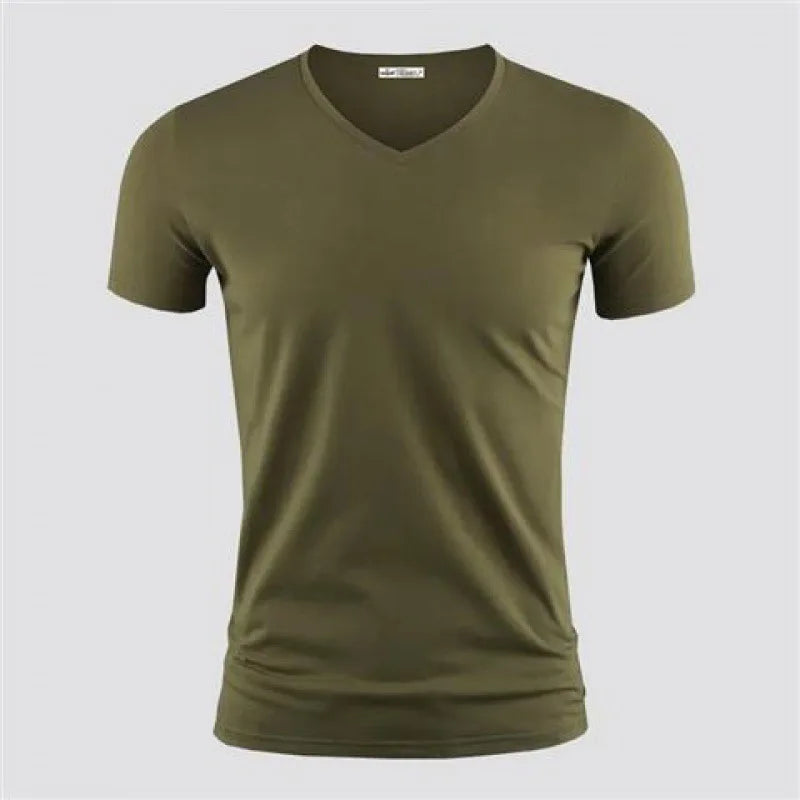 Men's T Shirt Pure Color V Collar Short Sleeved Tops Tees Men T-Shirt Black Tights.
