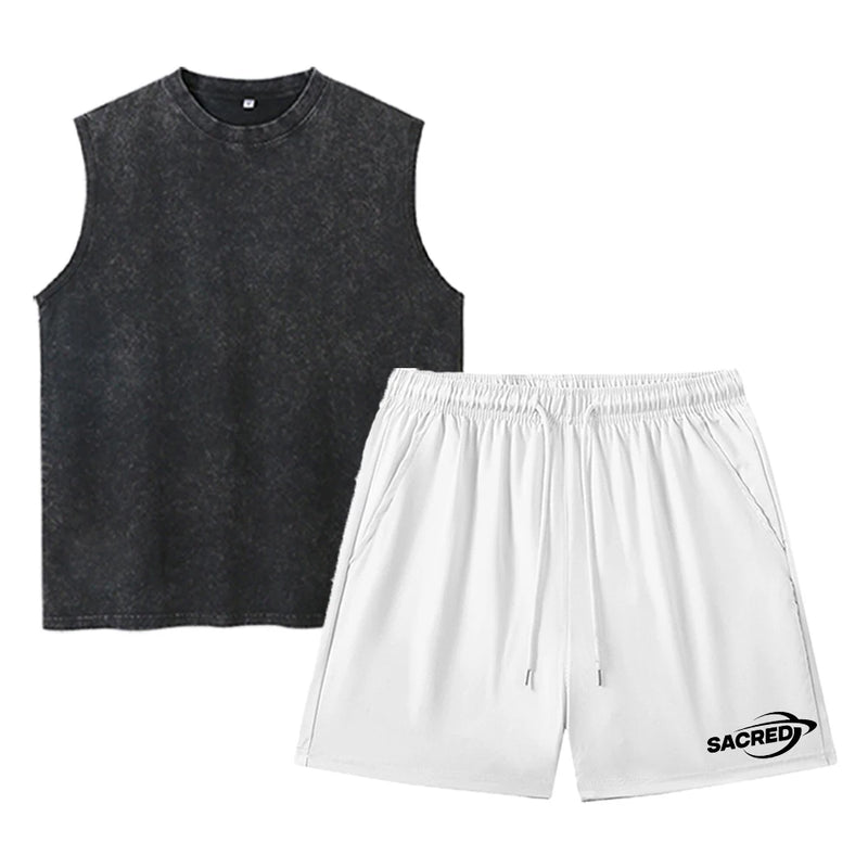 Men's Sportswear Set Washed Vest And Drawstring Shorts Two-Piece.