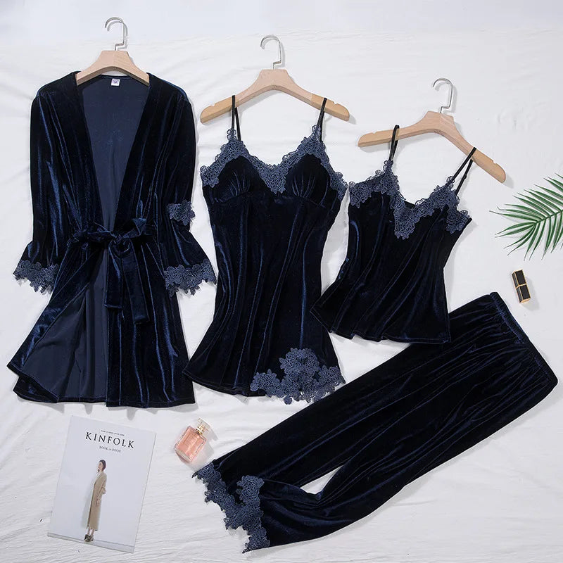 TOP Casual Velour Home Clothing 4pcs Sleep Set Intimate Lingerie Women Pajamas.
