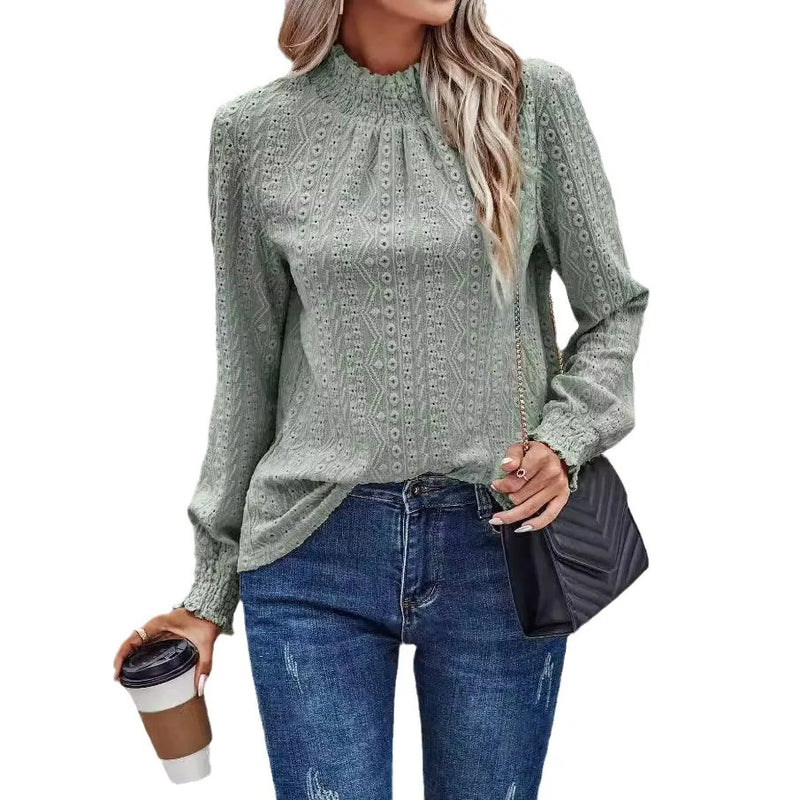 Woman Eyelet Embroidery Mock Neck Blouse Solid Colors Long Sleeve.