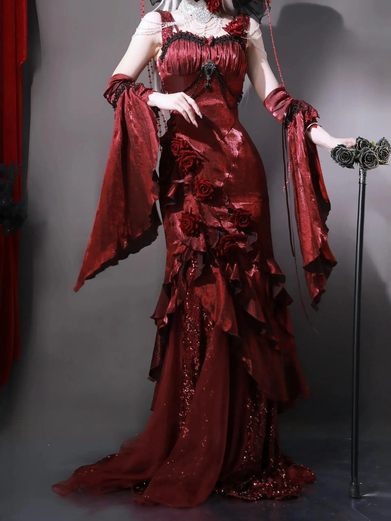 Women’s Red Rose Lolita Slimming Long Asymmetrical Fishtail Dress.