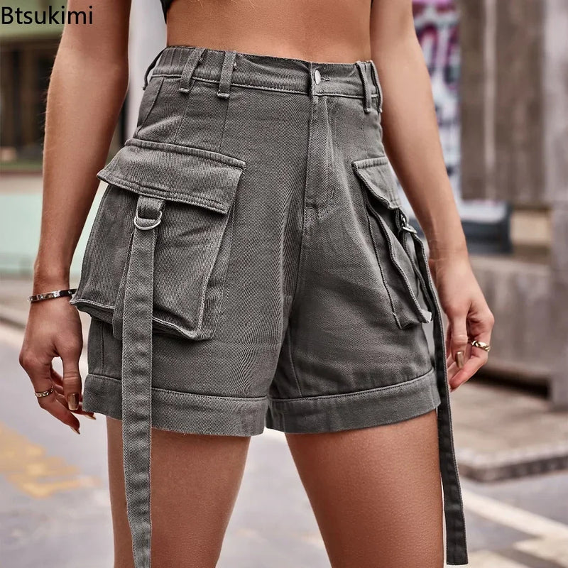 Women's Summer Jeans Shorts High Waisted Wide Leg Denim Pants.