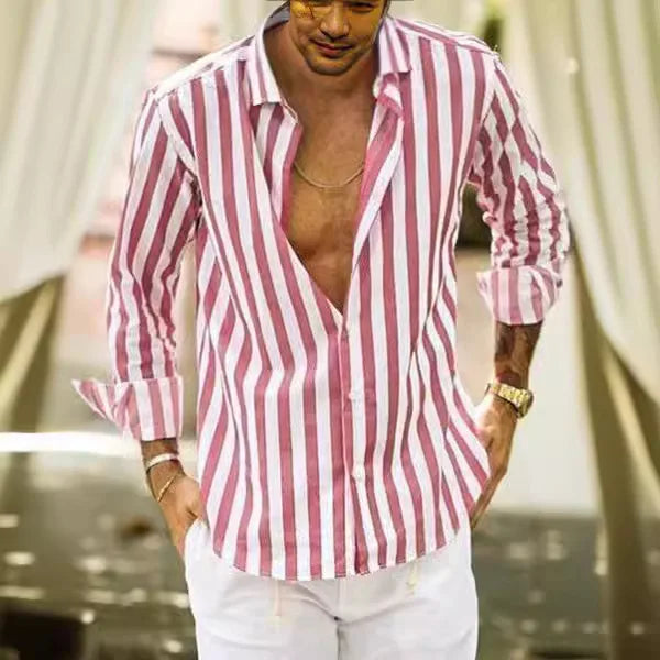 Men Striped Blouse Shirts Summer Spring Turn Down Collar Long Sleeve.