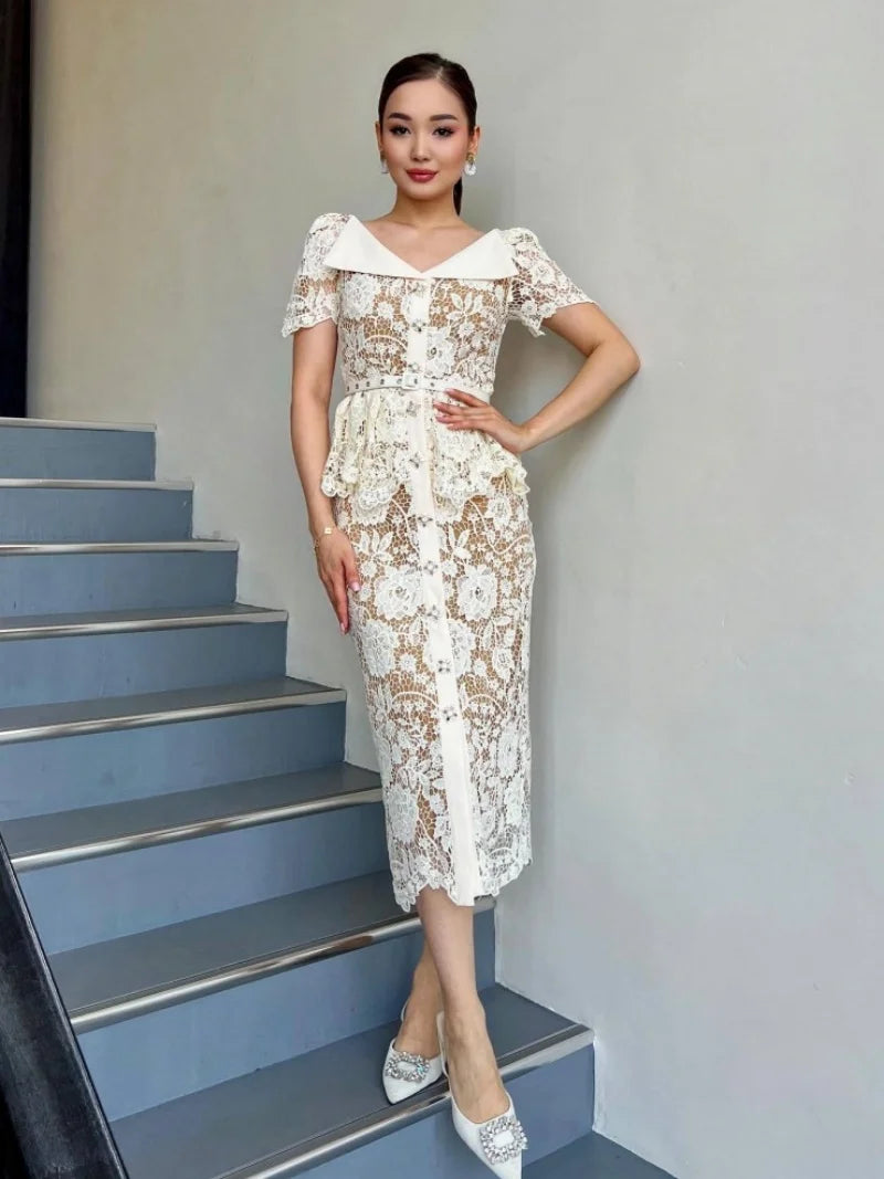 Women’s Elegant Hook Floral Hollow Lace Dress.