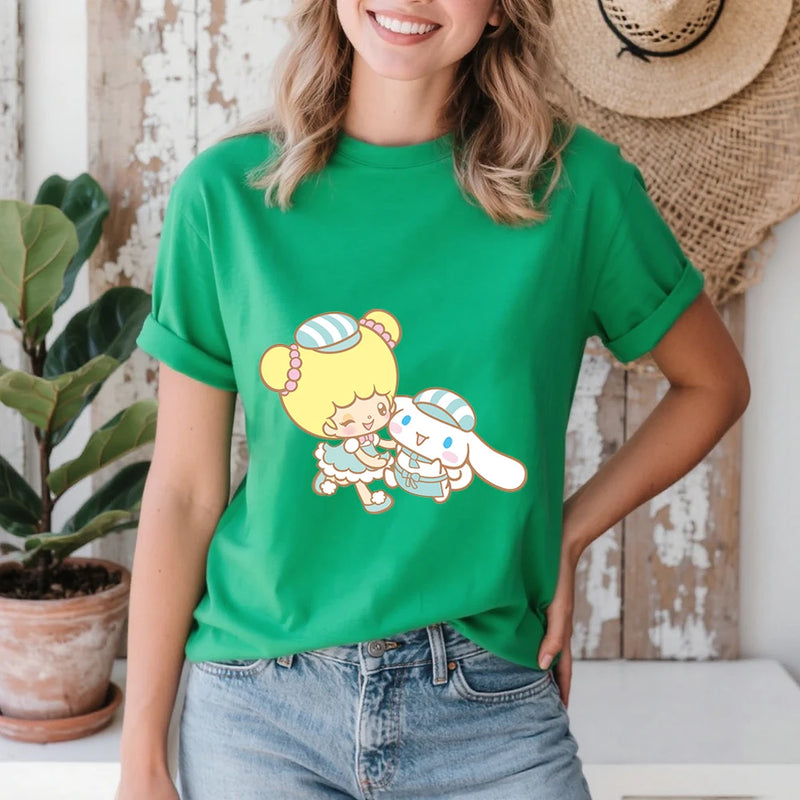 Cinnamoroll and Fufu Sweet Shop Buddies Print Cotton T Shirt for Women.