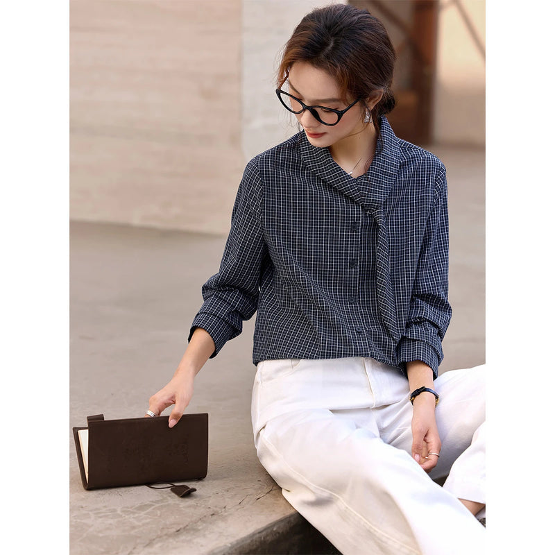 Women's Plaid Cotton Shirt Spring Fall Navy Blue Button Down Long Sleeve.