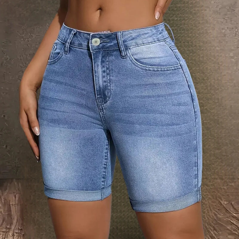 Women's Mid Rise Stretchy Denim Bermuda Shorts.