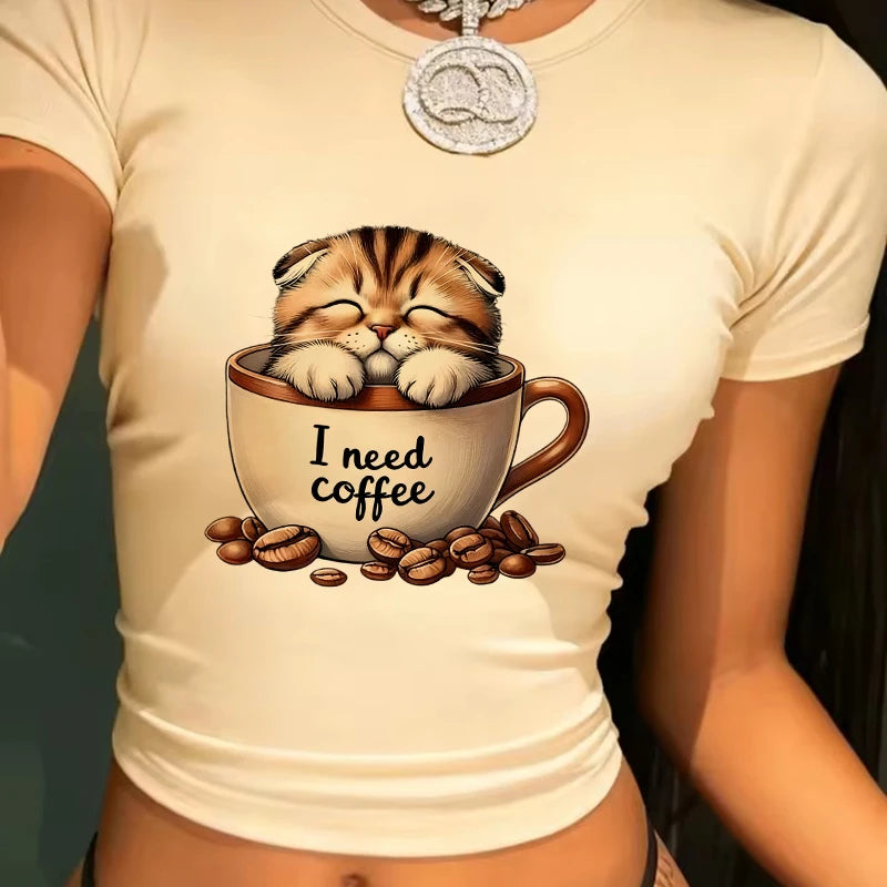 Funny Cat and Coffee Print Sexy Crop Tops for Woman Crew Neck Short Sleeve.