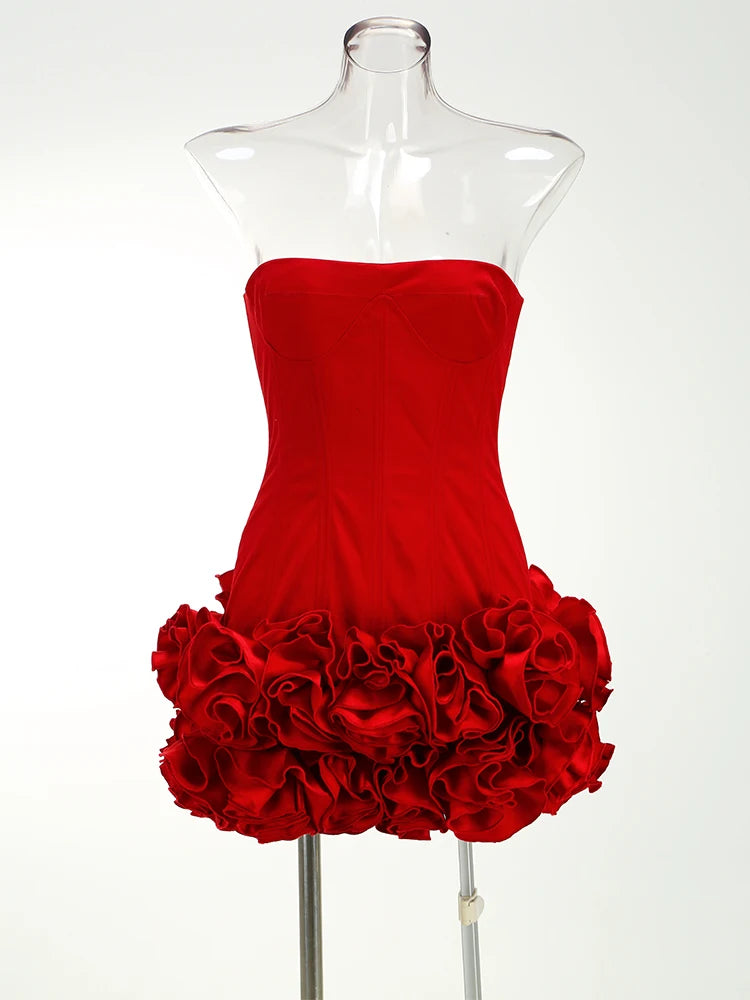 VC Christmas Dress Strapless Backless Red Structured Floral Embellished Mini Length.