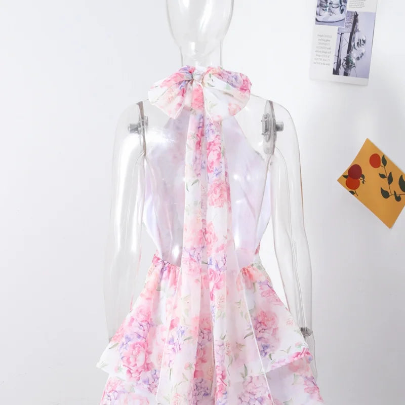 Women’s Chic Floral Printed Mini Dress Backless Sleeveless.