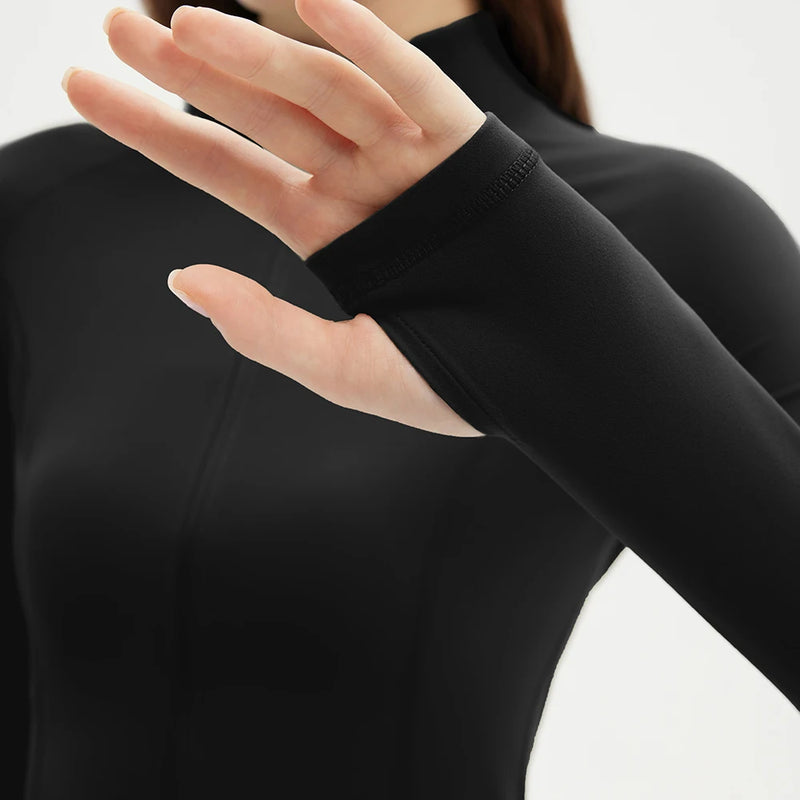 Two-piece Sports Set Women Solid Zipper Long Sleeve Sports Jacket & HighWaist Leggings.