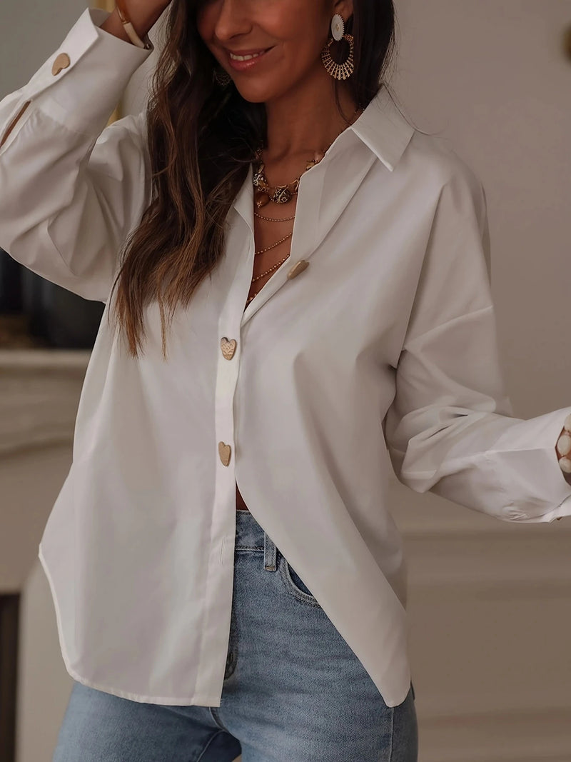 Ladies fashion solid color button-down shirt.