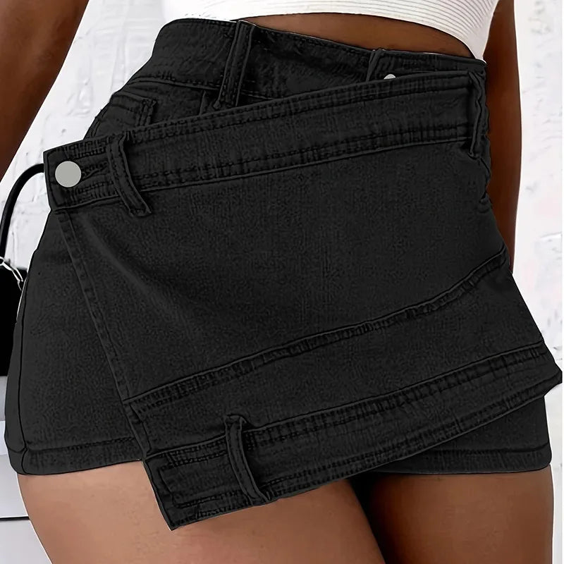 Fashion Irregular Splicing Women's Denim Shorts Summer High Waisted.
