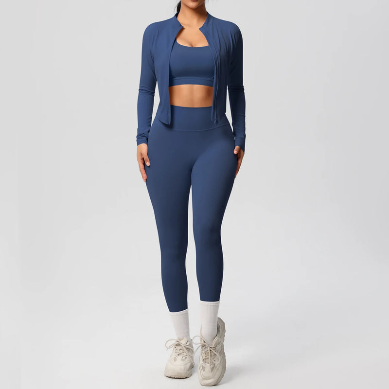 3pcs Sportswear Yoga Set Gym Sports Bra Zipper Jacket Leggings Clothes.