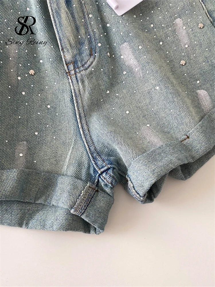 SINGREINY Beading Denim Streetwear Shorts Ladies Slim.