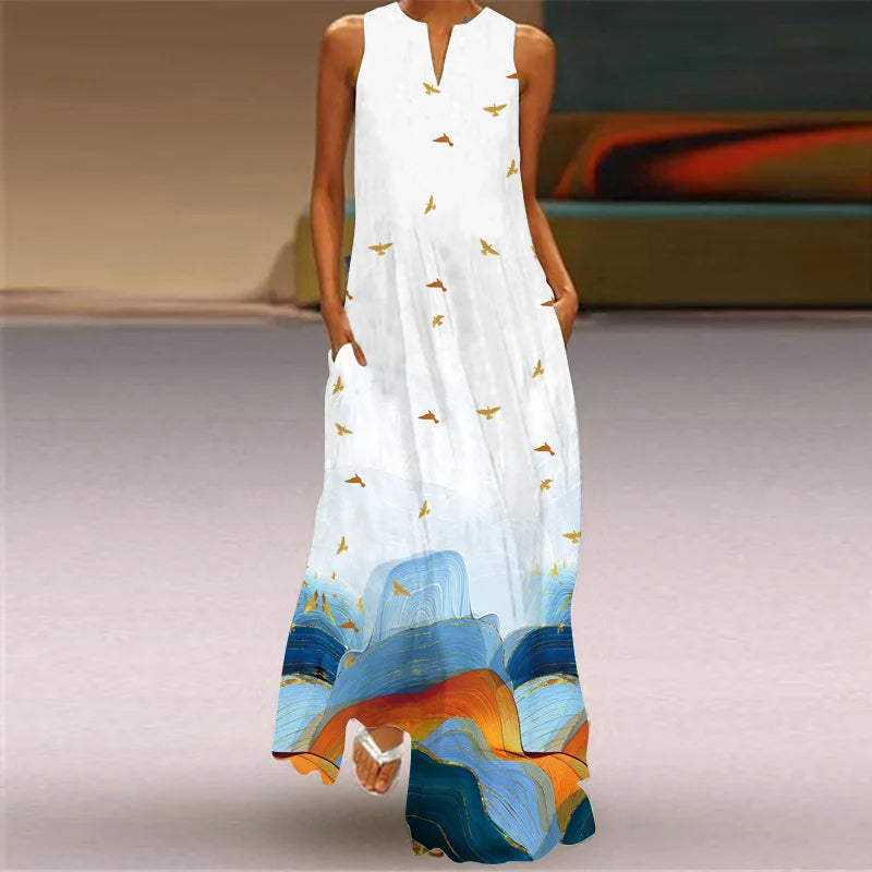 Vintage Print Maxi Dress For Women.