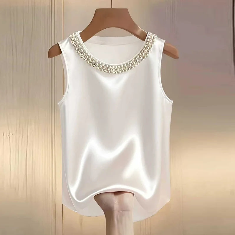 Elegant Satin Shirt Women Summer Bead Design Silk Blouse Women.