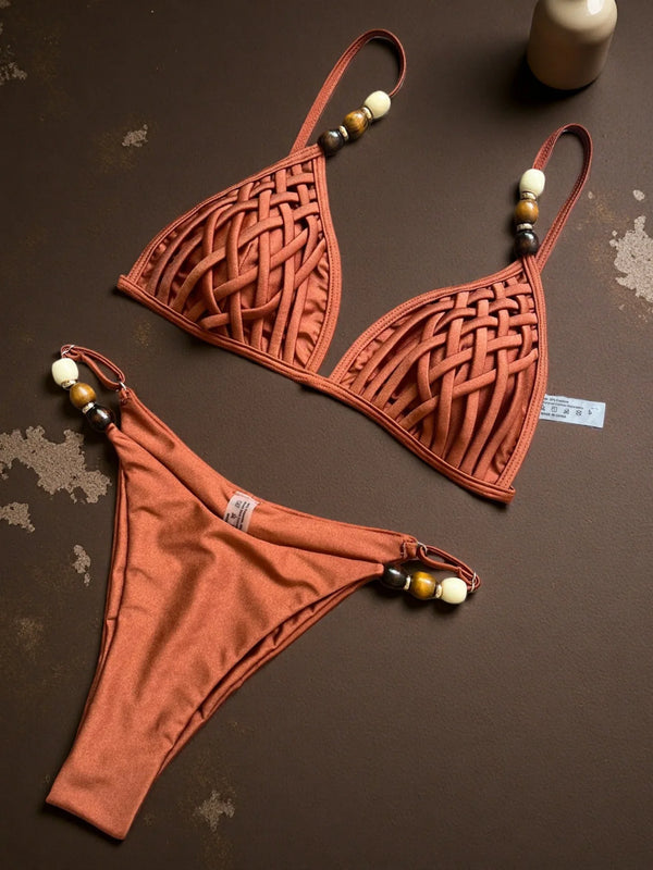 Sexy Brown Bikini Set Women Pearls Strap Hole Out Push Up Bra Thong.