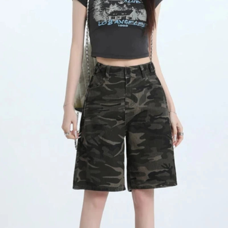 Women's High Waist Loose Straight Leg Camouflage Denim Shorts.