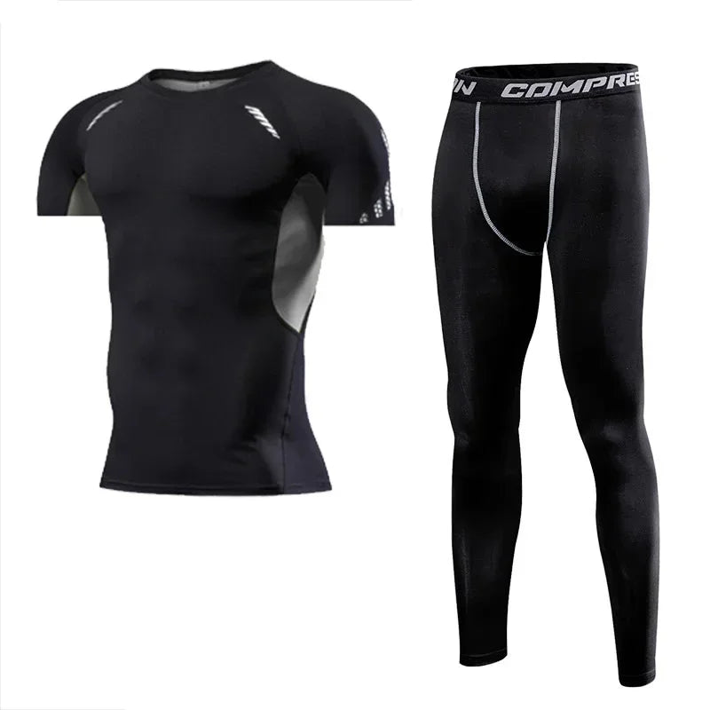 Men Sports Running Set Compression Shirt + Pants Skin-Tight Long Sleeves.