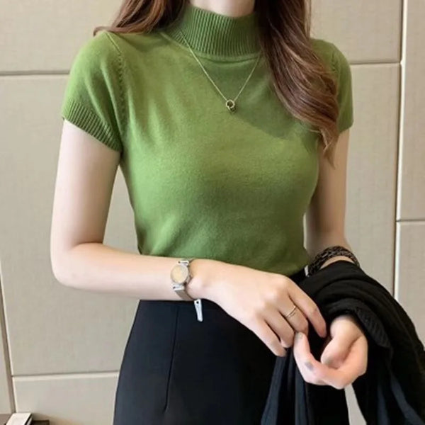 Half-High Neck T-Shirt Women's Fashion Jumper Casual Tops.