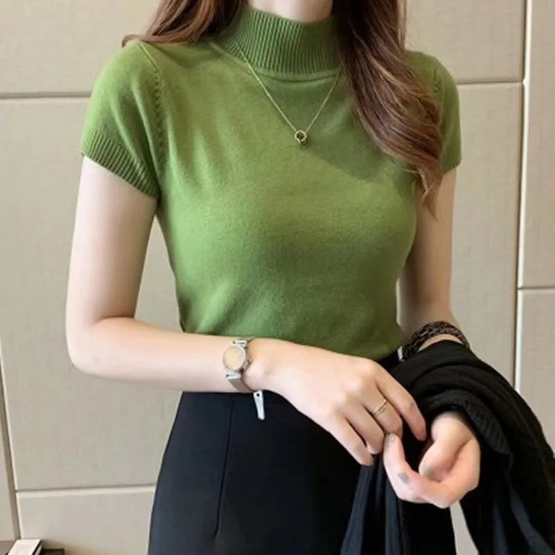 Half-High Neck T-Shirt Women's Fashion Jumper Casual Tops.