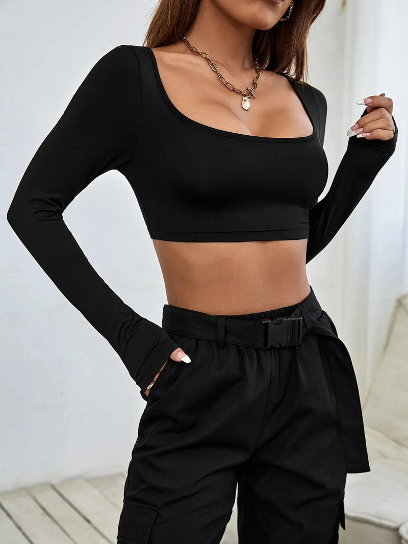 Spring Autumn Women Long Sleeve T Shirt quared Neck Cropped.