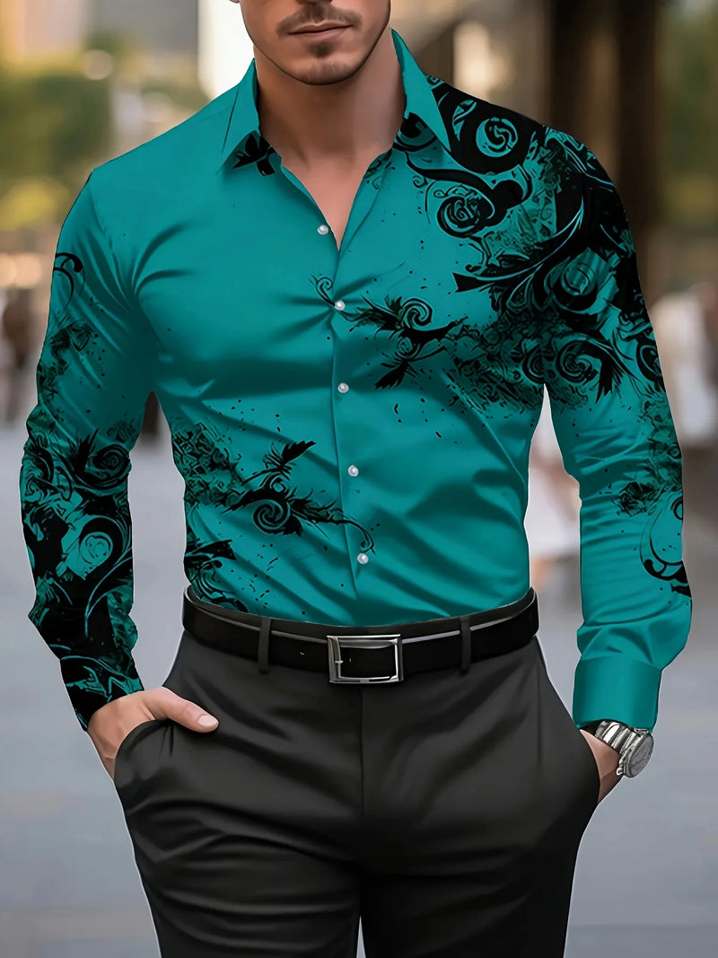Men's Stylish Red Floral Print Dress Shirt - Casual Long Sleeve Button-Up.