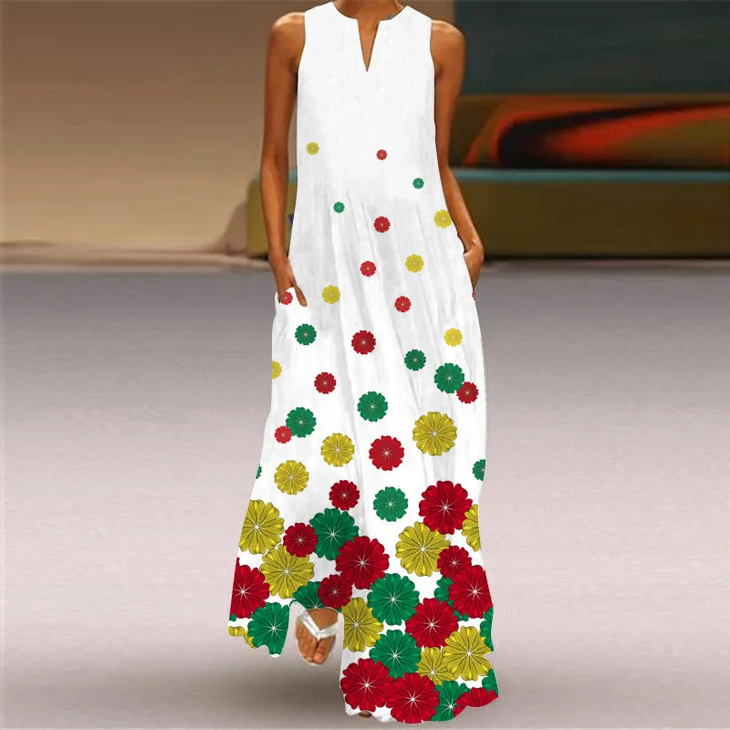 3D Floral Printed Dress Summer Vintage V-neck Sleeveless Loose Maxi Dress Elegant.