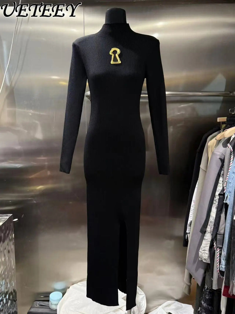 European Women Clothes Long Sleeve Waist-Cinching Knitted Long Dress.