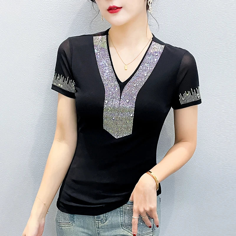 Summer Women Tops New Korean Fashion Diamond Mesh T Shirt V-neck.