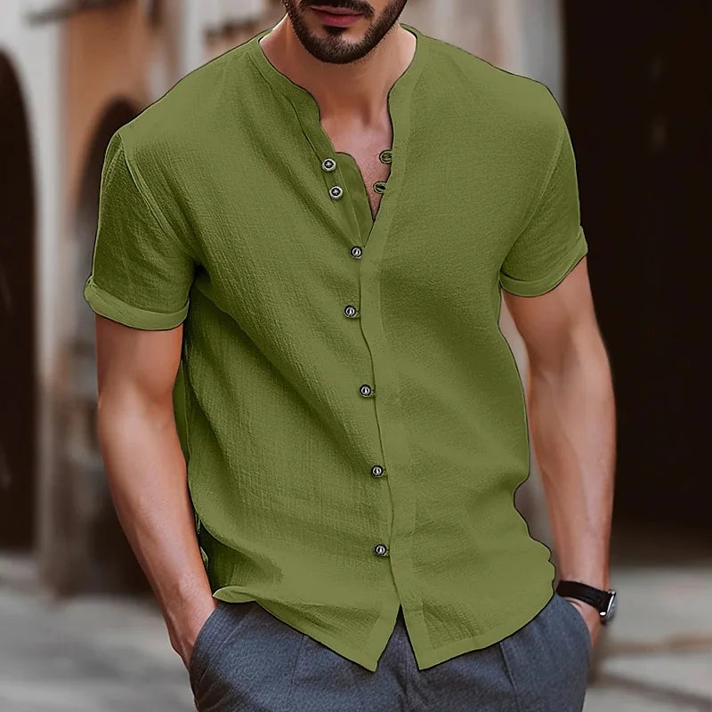 Men's Simple Texture Linen Round-neck Short-sleeve Button-down Solid-color.