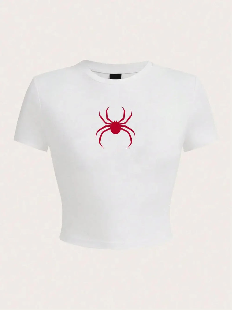 Simple Red Spider Prints Crop T-Shirt Street Cropped Navel Women.