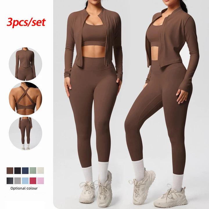 3pcs Sportswear Yoga Set Gym Sports Bra Zipper Jacket Leggings Clothes.
