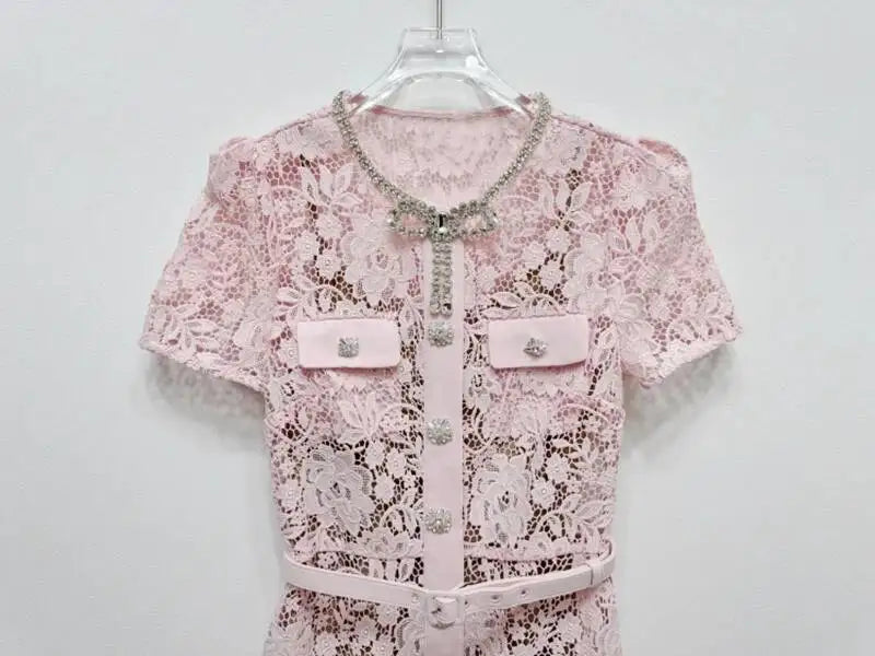 Women’s Lace Midi Dress Diamonds Bow Pink Floral Crystal Short Sleeve.