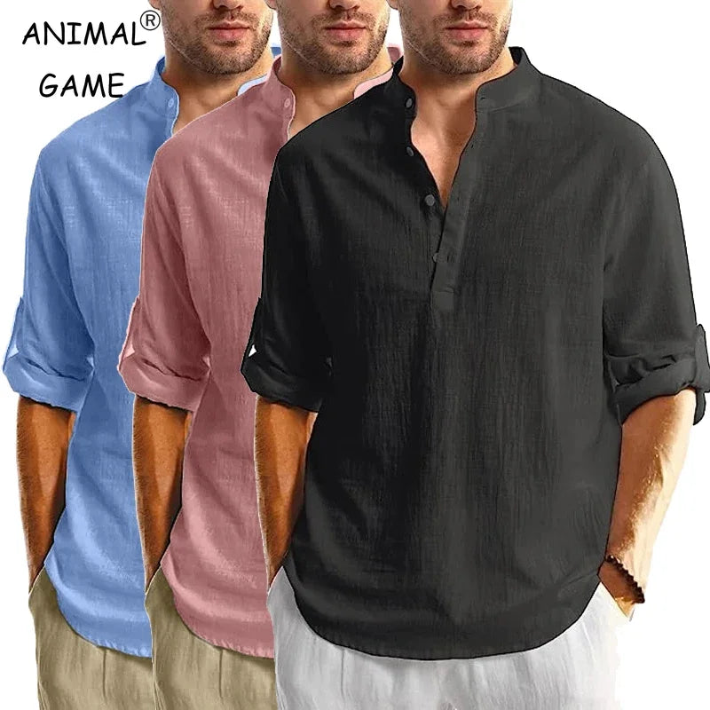 Long Sleeve Henley Shirt Men Cotton Lightweight T-Shirts.
